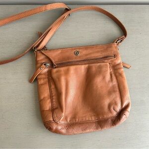Cochor Tan Leather Crossbody Purse Shoulder Bag Interior Exterior Pockets 9x9